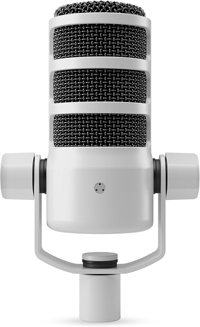 Rode PodMic Cardioid Dynamic Broadcast Microphone (White Pair) with 2X PSA1+ Broadcast Microphone Boom Arms 2X Cans50 Professional Studio Headphones and 2X XLR Cables