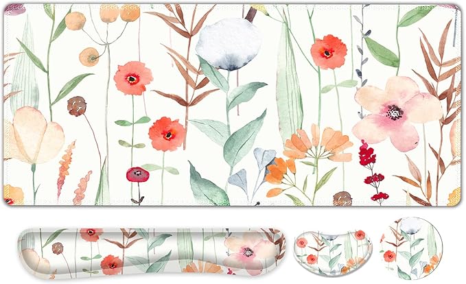 Large Gaming Mouse Pad Set 4 in 1 Extended Keyboard Desk Mat with Wrist Rest PC Computer Game Mousepad Set Non-Slip Desk Pad Easy Typing Pain Relief for Home Office I Orange Flowers
