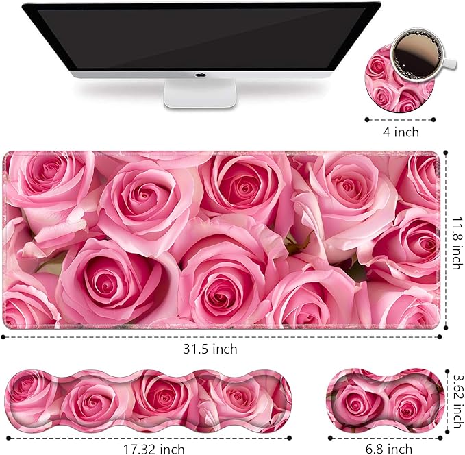 Ergonomic Keyboard Wrist Rest and Mouse Pad Wrist Rest Set Large XXL Gaming Mousepad 31.5x 11.8 Memory Foam Easy Typing Pain Relief Multifunctional Desk Mat for Office &amp Home Pink Roses