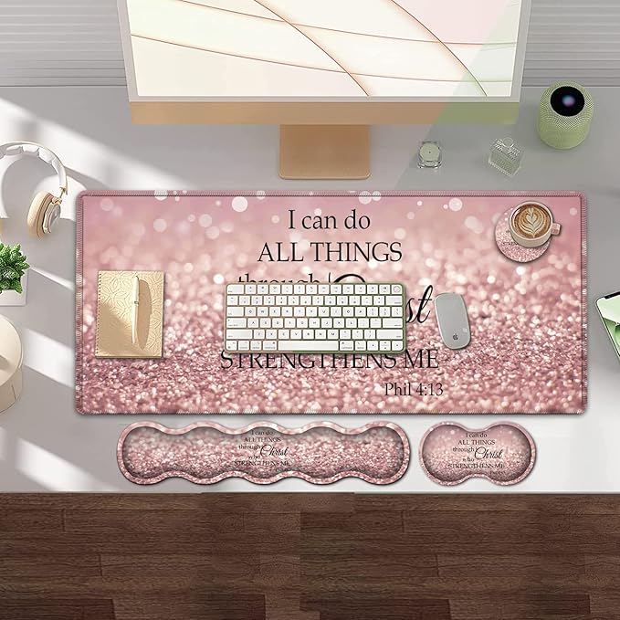 Pink Gaming Mouse PadLarge Mouse Pad with Stitched EdgeNon-Slip Base Office Desk Pad Ergonomic Keyboard Wrist Rest SetWaterproof Writing Pad Philippians 4：13 Bible Verse Extended XXL Desk Mat