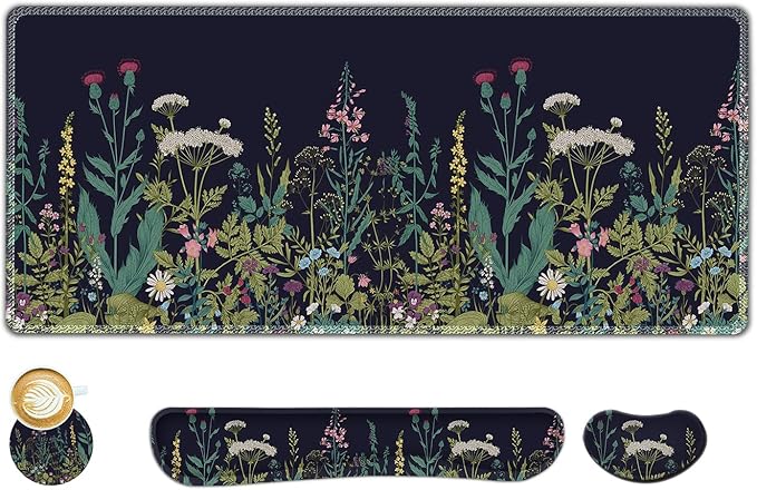 AIMSA Large Gaming Mouse Pad Set Keyboard Wrist Rest Support + Extended Mouse Pad + Mouse Wrist Cushion + Coaster Ergonomic Multifunctional Desk Mat 35x15.7in Anti-Slip Rubber Base (Flowers Plants)