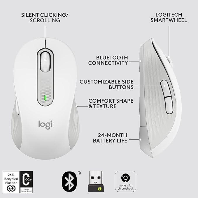 Logitech Signature M650 L Full Size Wireless Mouse - for Large Sized Hands Silent Clicks Customizable Side Buttons Bluetooth for PC/Mac/Multi-Device/Chromebook - Off White (Renewed)