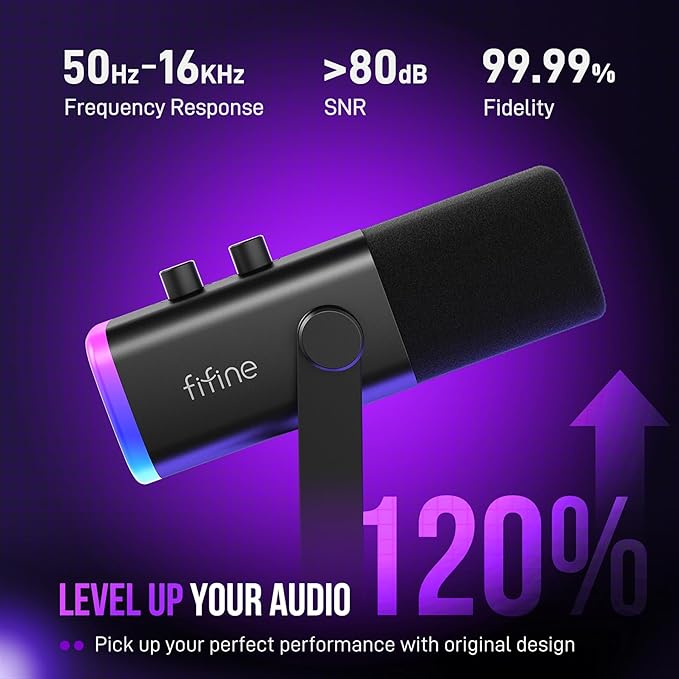 FIFINE XLR/USB Gaming Microphone Set Dynamic PC Mic for Streaming Podcasting Computer RGB Mic Kit with Boom Arm Stand Mute Button Headphones Jack for Recording Vocal Voice-Over-AmpliGame AM8T