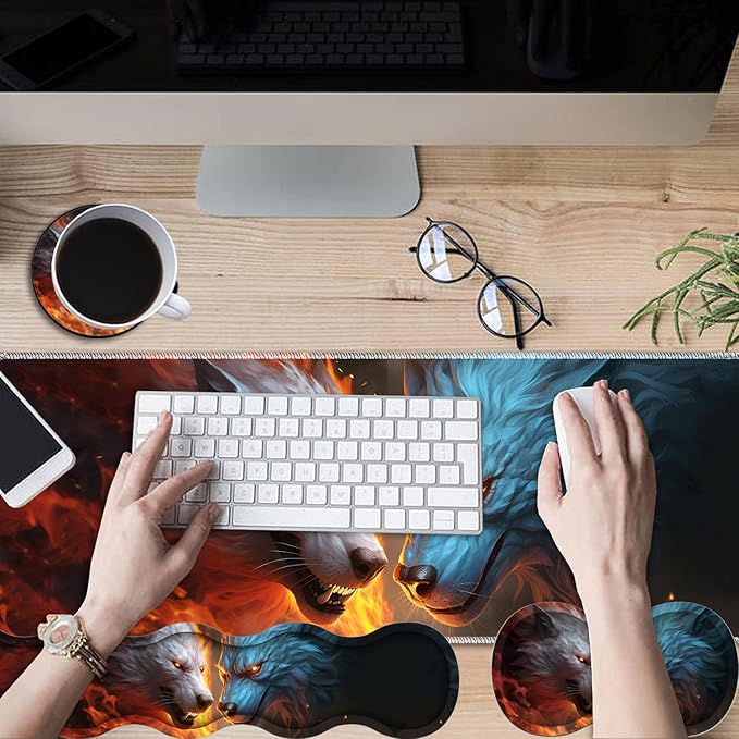 Gaming Mouse Pad Set Large Gaming Mouse Pad+Keyboard Wrist Rest+Mouse Wrist Rest+Coaster Easy Typing Pain Relief 31.5 × 11.8 inch Desk Mat for Home Office - Ice Wolf and Fire Wolf