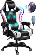Ergonomic Video Game Chair with Speakers and LED Light Gaming Chair with Footrest and Massage Office Chair Reclining Computer Chair PU Leather Chair with Adjustable Backrest and ArmrestWhite