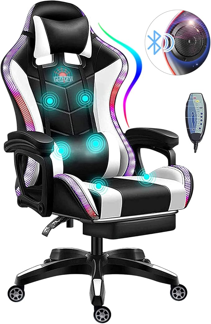 Ergonomic Video Game Chair with Speakers and LED Light Gaming Chair with Footrest and Massage Office Chair Reclining Computer Chair PU Leather Chair with Adjustable Backrest and ArmrestWhite