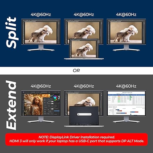 OREI DisplayLink Docking Station 3 Monitors – 3X 4K@60Hz HDMI – 6X USB (4X USB 3.0) Gigabit Ethernet 100W PD AUX – Triple Monitor Docking Station with Win &amp Mac Support