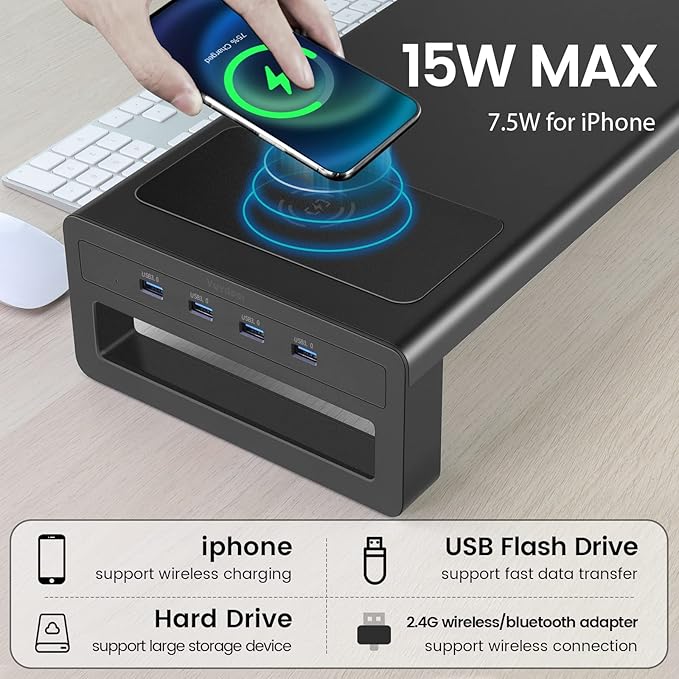 Vaydeer Wireless Charging and USB 3.0 Monitor Stand Monitor Riser for Desk with Storage Single Shelf Holder Raiser Organizer for Computer iMac Laptop PC Screen Heavy Duty Gift Gaming Studio Office