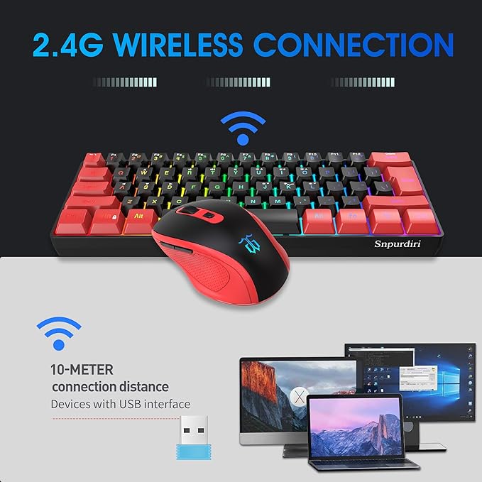 Snpurdiri 2.4G Wireless Gaming Keyboard and Mouse Combo Include Mini 60% Merchanical Feel Keyboard Ergonomic Vertical Feel Small Wireless Mouse(Red and Black)