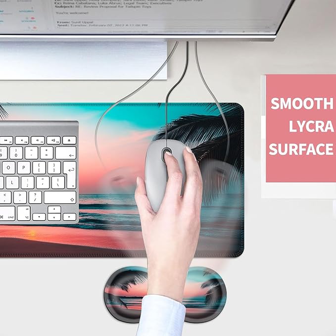 Mouse PadLarge Desk Mat Set 4in1 XL Mousepad + Keyboard Wrist Rest+Mouse Wrist Rest+Coaster with Ergonomic Desk Pad for Home Office Table Computer Cover -Palm Tree Beach Scene