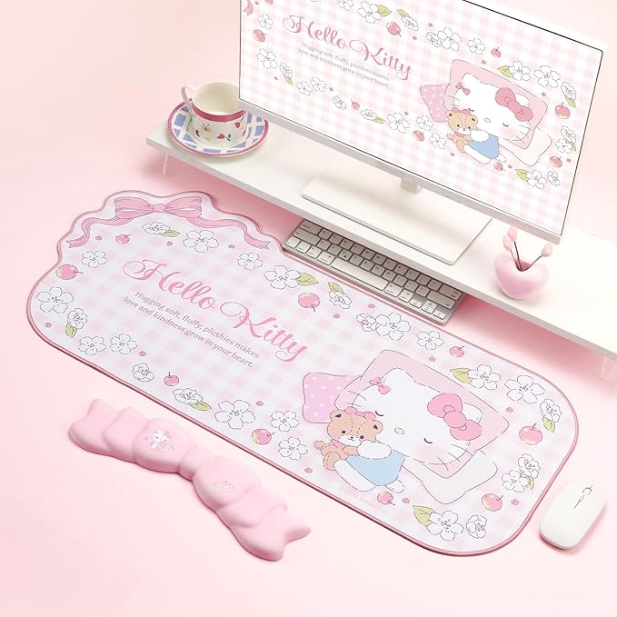 Kawaii Anime Mouse Pad Wrist Rest Support Set - Non-Slip Desk Mat and Memory Foam Bowknot Wrist Rest for Keyboard and MousePerfect for Gaming or Home Office Work - FlowerCat