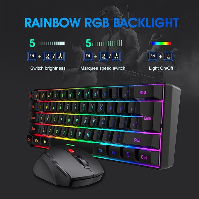 Snpurdiri 60% Wireless Gaming Keyboard and Mouse Combo Include 2.4G Small Mini 60% Merchanical Feel Keyboard Ergonomic Design Vertical Feel Wireless Mouse