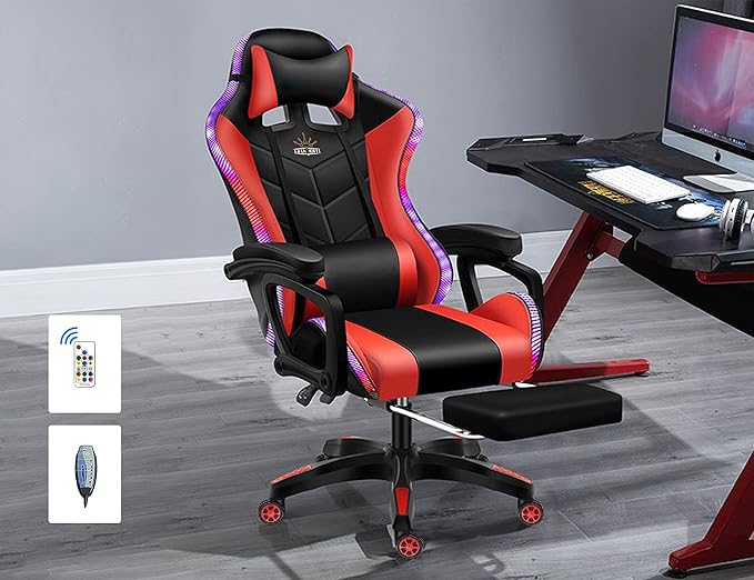 RGB Gaming Chair with Massage and Footrest Ergonomic Pro Computer Chair with LED Lights and Speakers High Back Music Video Chair with Lumbar Support and Headrest for Adult Teens. (Black + Red)