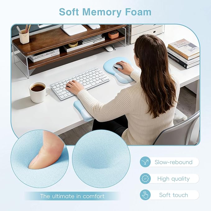 Ospelelf Mouse Pad with Wrist Rest Set Foam L-Shaped Desk Elbow Pad Ergonomic Desk Edge Cushion Anti-Slip Rubber Bottom Office Women Desk Accessories for Computer Laptop and Gaming Blue