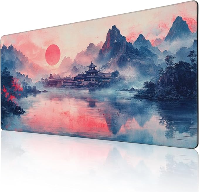 Landscape Ink Painting Gaming Mouse Pad Extra Large Gaming Mouse Pads Waterproof Non Slip Big Computer Mousepad Mice Pads Desk Pad Stitched Edges for Women Office Home (48x24 Pink)