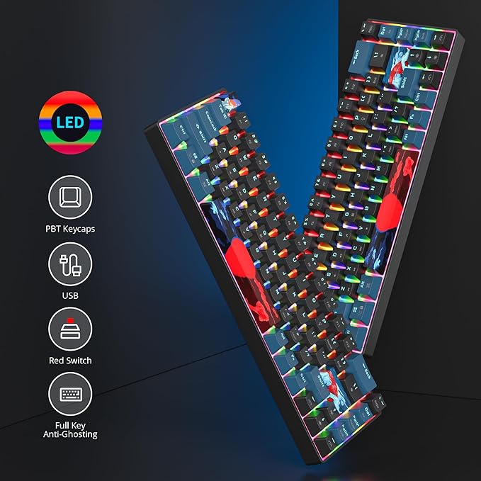 60 Percent Gaming Keyboard 68 Keys Mechanical Keyboard Rainbow Backlit Mini Compact Wired Keyboard with Red Switch for Windows Laptop Gamer(68 Monster-B)
