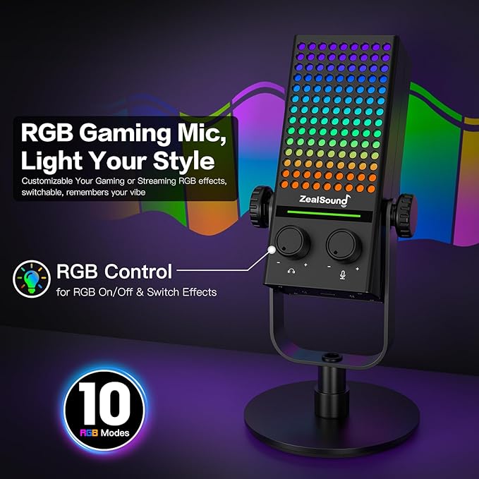ZealSound Gaming Microphone for Xbox PC &amp Mac Noise Cancellation Streaming Mic with One Tap Mute RGB Lighting Monitoring Gain Control Condenser Mic for iPhone Computer Podcast Gamer YouT