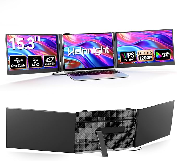 15.3 Laptop Triple Screen Extender Portable One Cable Connection Laptop Monitor FHD 1080P IPS Ultra Thin Dual Monitor for 13-17 Laptops Plug &amp Play Compatiable with Win/Mac/Chrome/Android/Swi
