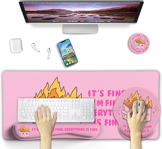 Blusabaca Dumpster on Fire Mouse Pad Desk Pad Funny Cute Desk Mat Large Gaming Mouse Pad with Wrist Rest Keyboard Pad Wrist Rest Ergonomic Cup Coaster Work Home Desk Accessories Office Supplies
