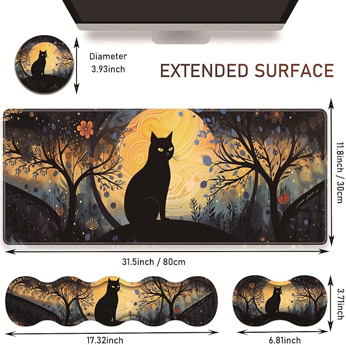 Large Gaming Table Pad 31.5 x 11.8 + Keyboard Wrist Pad + Mouse Wrist Pad + Coaster Non-Slip Base 4-in-1 Set Ergonomic Memory Foam Easy Typing Pain Relief Sky Cat