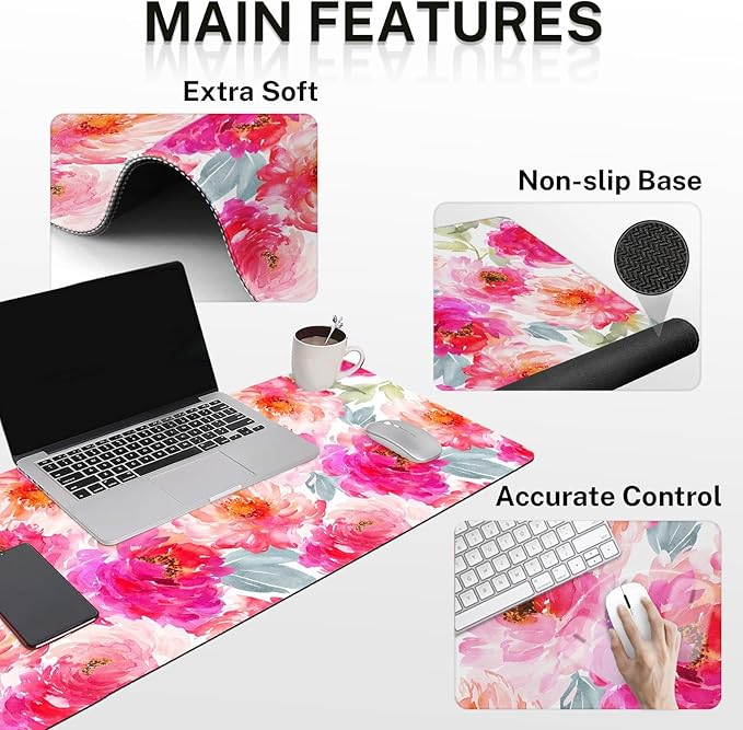 Arttown Flower Floral Pink Desk Mat Peony Spring Summer Mouse Pad Set 4-in-1 Large Mousepad+Keyboard Wrist Rest+Mouse Wrist Rest+Coaster with Ergonomic Design Non-Slip Mat