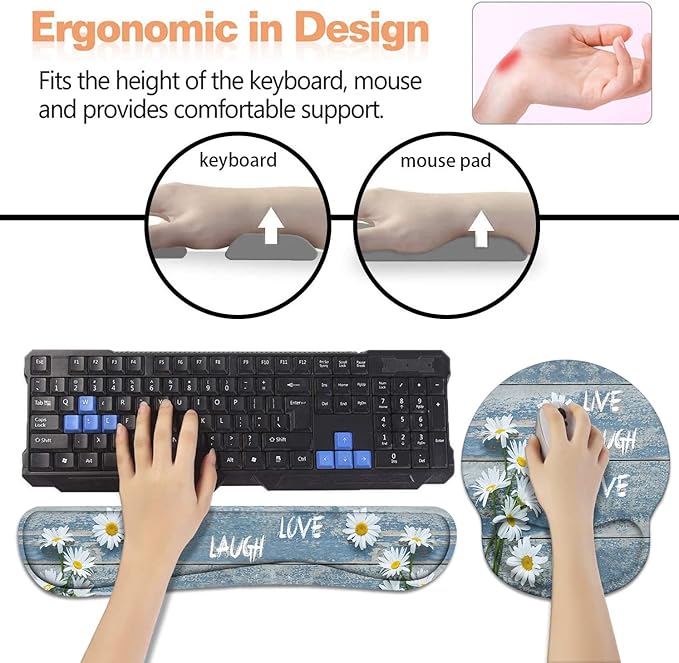 Keyboard Wrist Rest + Mouse Pad Wrist Support Set with Coasters Dreamy Daisy Vintage Wood Board Live Laugh Love Design Non-Slip PU Base Ergonomic Mousepad for Home Office Working Studying