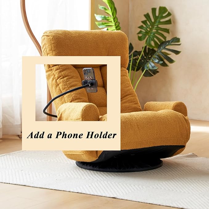 Swivel Gaming Floor Chair with Phone Holder &amp Arm Comfy Reading Chair with Side Pocket for Adults Upholstered Floor Chair with Adjustable Back for Bedroom Living Room (Yellow)