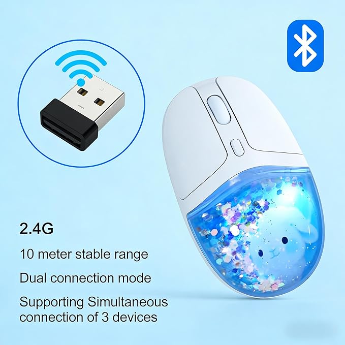 Wireless MouseGlitter Animal Design 3-Device Bluetooth &amp 2.4 G 4000 DPI RGB Light Multi-Mode Portable Mouse for PC Laptop Office Gaming Students Home Travel Use (Blue)