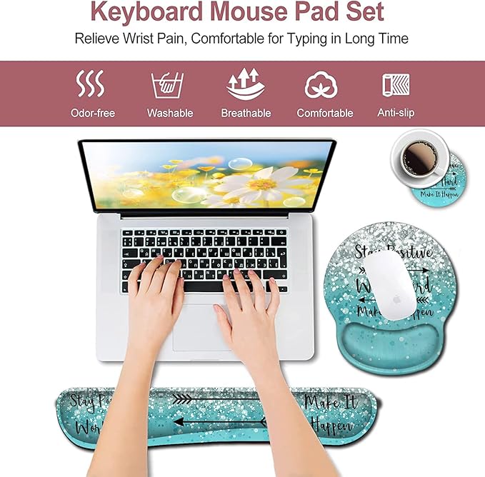 Mouse Pad with Wrist Support Ergonomic Gel Memory Foam Keyboard Wrist Rest for Office Typing Games Desktop Decoration Stay Positive Work Hard and Blue Glitter Graphic Office Accessories