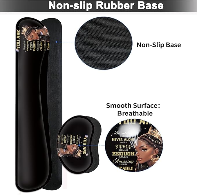 Large Mouse pad and Keyboard Support Set Ergonomic Memory Foam Keyboard Wrist Rest Extended Gaming Mouse Pad African Americans Women Black Queen XXL Desk Mat (31.5 X 11.8 in) for Home Office
