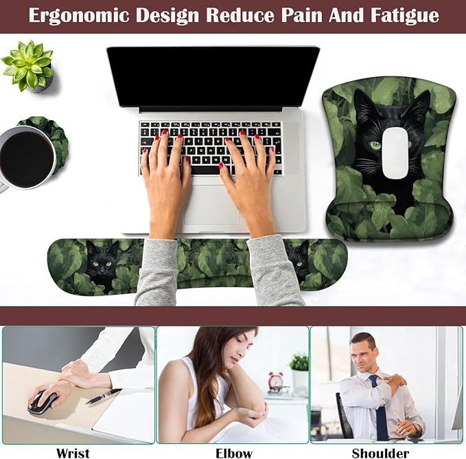 Keyboard Wrist Rest and Mouse Pad Wrist Support with Lace-Shaped Coaster Set Ergonomic Gel Memory Foam and Anti-Slip Base Easy Typing and Pain Relief - Black Cat