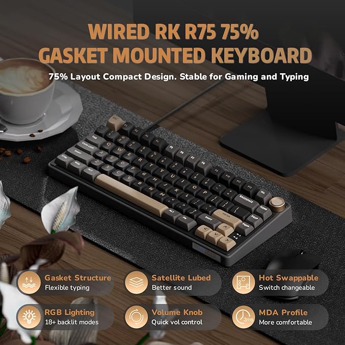 RK ROYAL KLUDGE R75 Wired Gaming Keyboard with Volume Knob 75% Mechanical Gaming Keyboard Custom Gasket Mount with MDA Profile PBT Keycaps QMK/VIA Hot Swappable Silver Switch Black