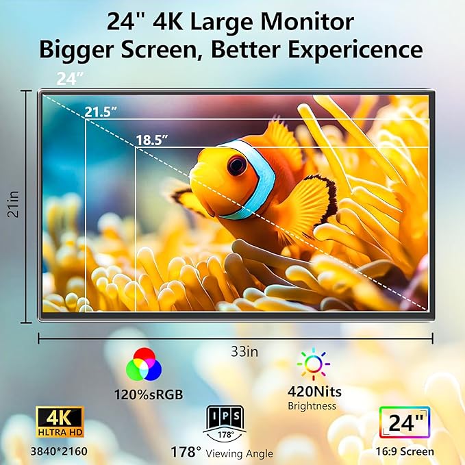 4K Large Portable Monitor 24“ Travel Monitor UHD 3840*2160 120% sRGB External Second Screen for MacBook Laptop Desktop Mini PC W/Stand VESA HDMI USB-C Gaming Display for PS5/Xbox Devices(O2401) (4K)