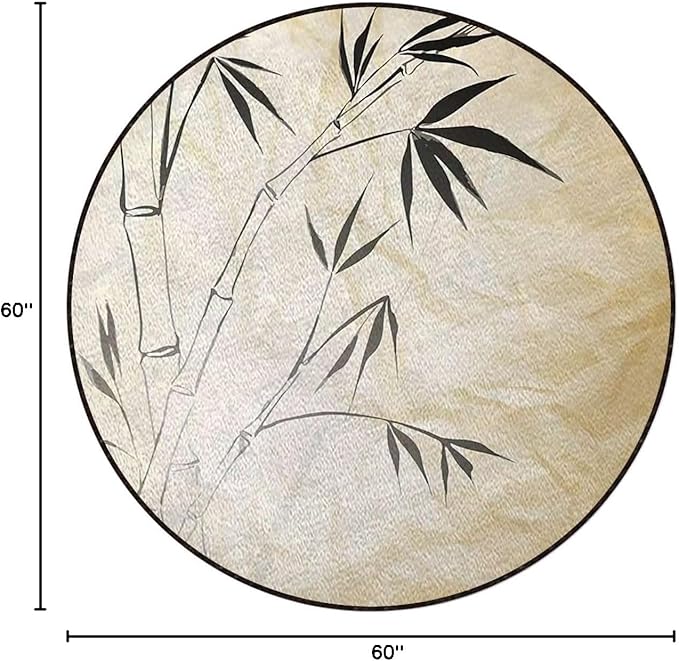 Bamboo Round RugPrint Carpet for Bedroom Living Room Office Home Decor Mat Gradient Bamboo LeavesBrown Cream Black White Diameter 60 in