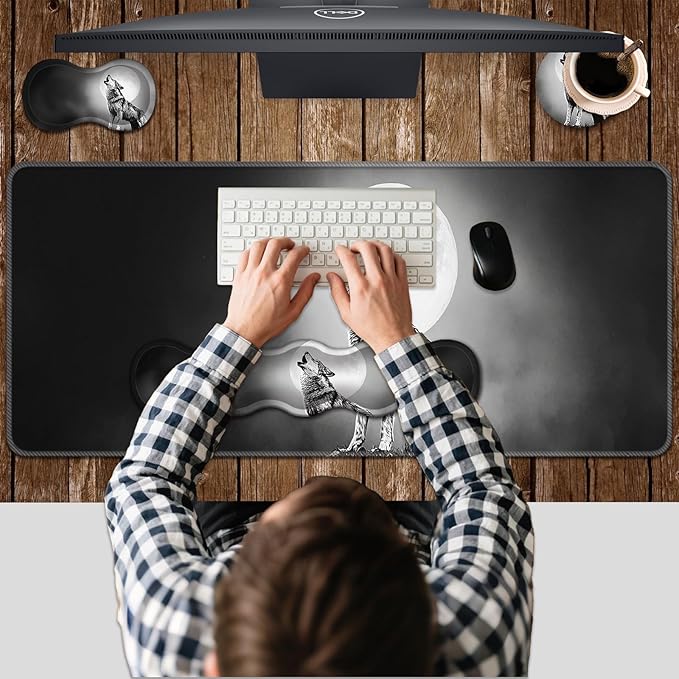 Ergonomic Keyboard Wrist Rest &amp Mouse Pad Wrist Rest SetXL Gaming Desk Mat 31.5x 11.8Non-Slip BaseMemory FoamEasy Typing Pain Relief for Office &amp HomeHowling Wolf in Moonlight