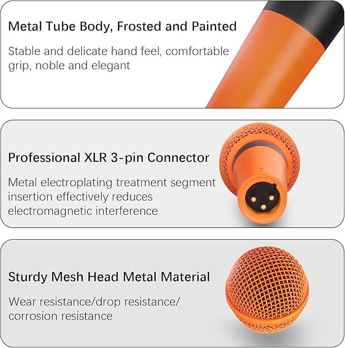 Microphone For Singing Metal Karaoke Microphone Dynamic Microphone Handheld Wired Microphone Connect With Any 6.5mm Or 3.5mm Microphone Interface Audio Equipment (Orange)