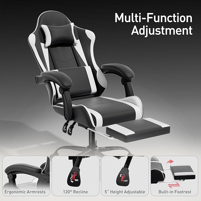 MoNiBloom Gaming Chair with Headrest &amp Lumbar Support Ergonomic Computer Racing Chair with Footrest Adjustable Hight Leather Swivel Computer Chair for Adult Teen Office or Gaming White