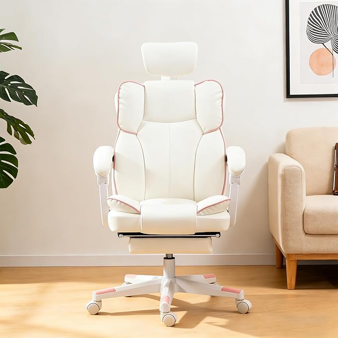 Gaming Chair with Footrest Modern Computer Gaming Chair High Back Ergonomic Reclining Swivel PU Leather Racing Seat for Adults Home Office White