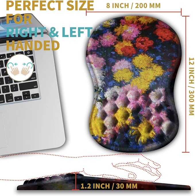 Hokafenle Ergonomic Mouse Pad Wrist Support with Massage Design Wrist Rest Pain Relief Mousepad with Memory Foam&ampNon-Slip PU Base Mouse Pads for Wireless Mouse &amp Desk(12x8 inchMonet Chrysan