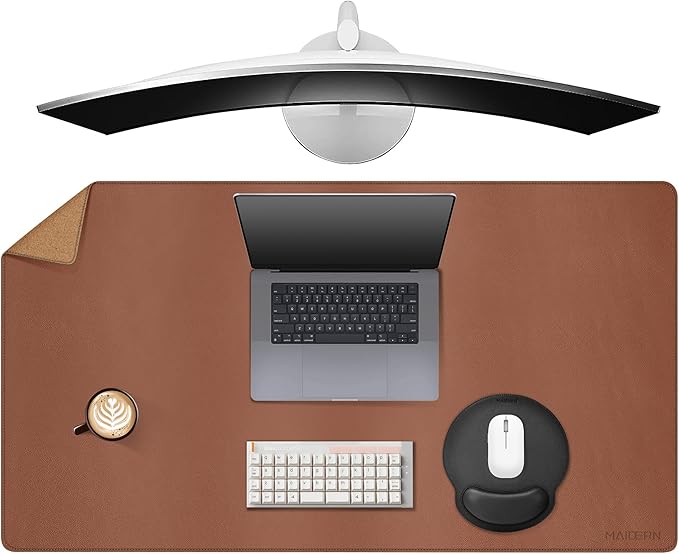 MAIDERN 40” x 24” Leather Desk Pad Reversible Large Desk Mat Cork &amp Leather Large Mouse pad for Desk Waterproof Computer Desk Pad for Gaming Home Office (Brown)