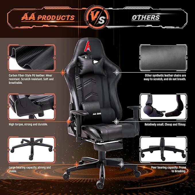 AA Products Gaming Chair Ergonomic High Back Computer Racing Chair Adjustable Office Chair with Footrest Lumbar Support Swivel Chair - Black