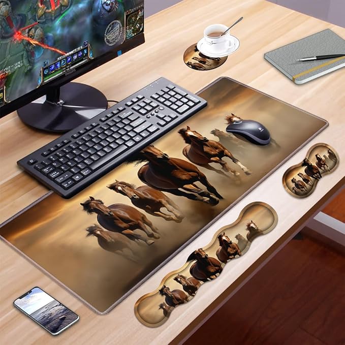 Ergonomic Keyboard Wrist Rest and Mouse Pad Wrist Rest Set Large XXL Gaming Mousepad 31.5x 11.8 Memory Foam Easy Typing Pain Relief Multifunctional Desk Mat for Office &amp Home Galloping Hors