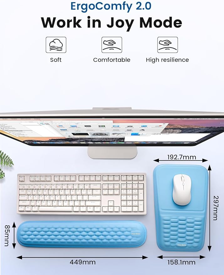 Vaydeer Wrist Rest for Computer Keyboard &amp Mouse Pad Set – Blue Ergonomic Memory Foam Wrist Support Non-Slip Keyboard Wrist Rest &amp Soft Mouse Pad for Typing Comfort &amp Wrist Pain Relief
