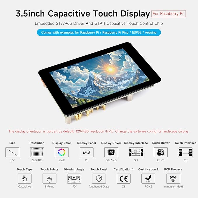 Waveshare 3.5inch Capacitive Touch Display Compatible with Raspberry Pi 5/4B/3B Pi Pico IPS Panel 320×480 5-Point Touch Immersion Gold Process Toughened Glass Panel