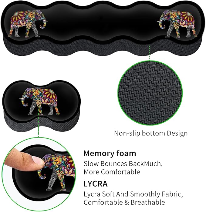 Gaming Mouse Pad XXL Large Desk Mat Non-Slip Rubber Mice Stitched Edges(31.5x11.8 in) Ergonomic Memory Foam Keyboard Wrist Rest Cute Funy Anime Cartoo Colorful Elephant Black Extended Mouse Pad Set