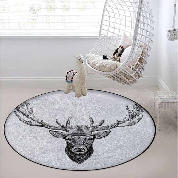 Antler Carpet Round Office Chair Mat for Hardwood Floor Multi-Purpose Soft Mats for Gaming Rolling Chair/Living Room/Study Deer Dressed up Reindeer Deer PortraitCharcoal Grey Diameter 39.3 in