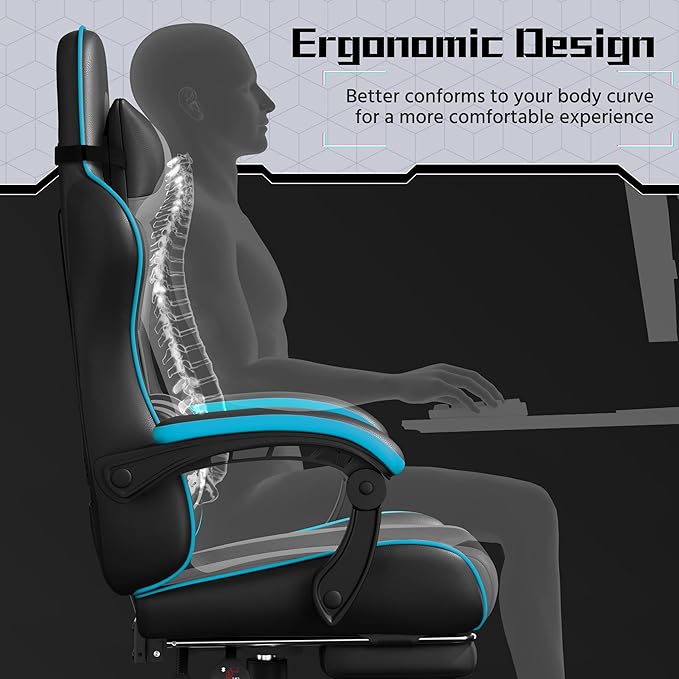 Yaheetech Gaming Chair Video Game Chair with Massage Lumbar Support and Footrest Height Adjustable Ergonomic Computer Chair with Swivel Seat and Headrest Black/Gray
