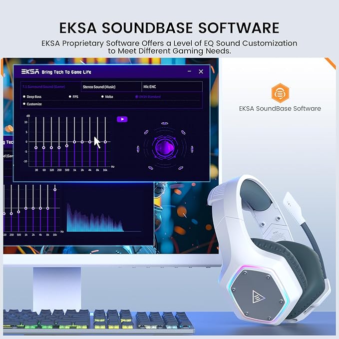 EKSA E1000WT Wireless Gaming Headset2.4GHz USB Gaming Headphones with Microphone for PC PS5 PS4 Nintendo Switch 7.1 Surround Sound Headset RGB Light Ergonomic Design for Birthday Gift