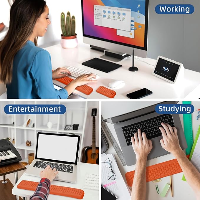 Keyboard Mouse Wrist Rest Pad Comfort Memory Foam Wrist Rest with Non-Slip Silicone Base Leather Surface Ergonomic Keyboard Mouse Wrist Support for Typing Pain Relief (Hermes Orange)