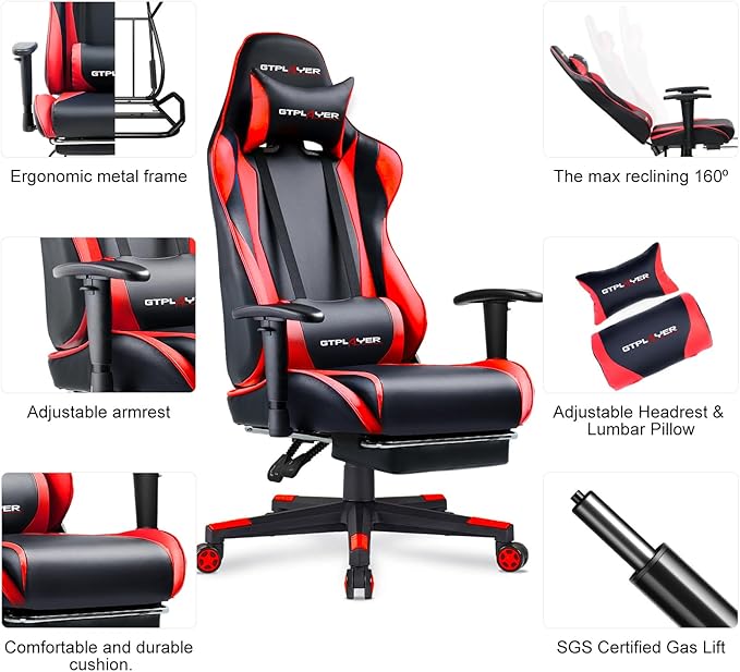 GTPLAYER Gaming Chair with Footrest Ergonomic Computer Game Desk Chair Reclining Gamer Chair Seat Height Adjustment Swivel Rocker with Headrest and Lumbar (Brickred)